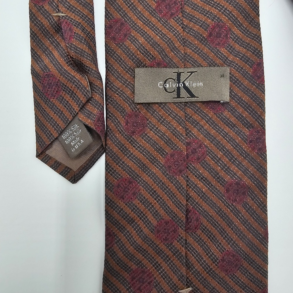 Vintage Calvin Klein 100% Silk Tie Brown Burgundy Striped Geometric Pattern Made